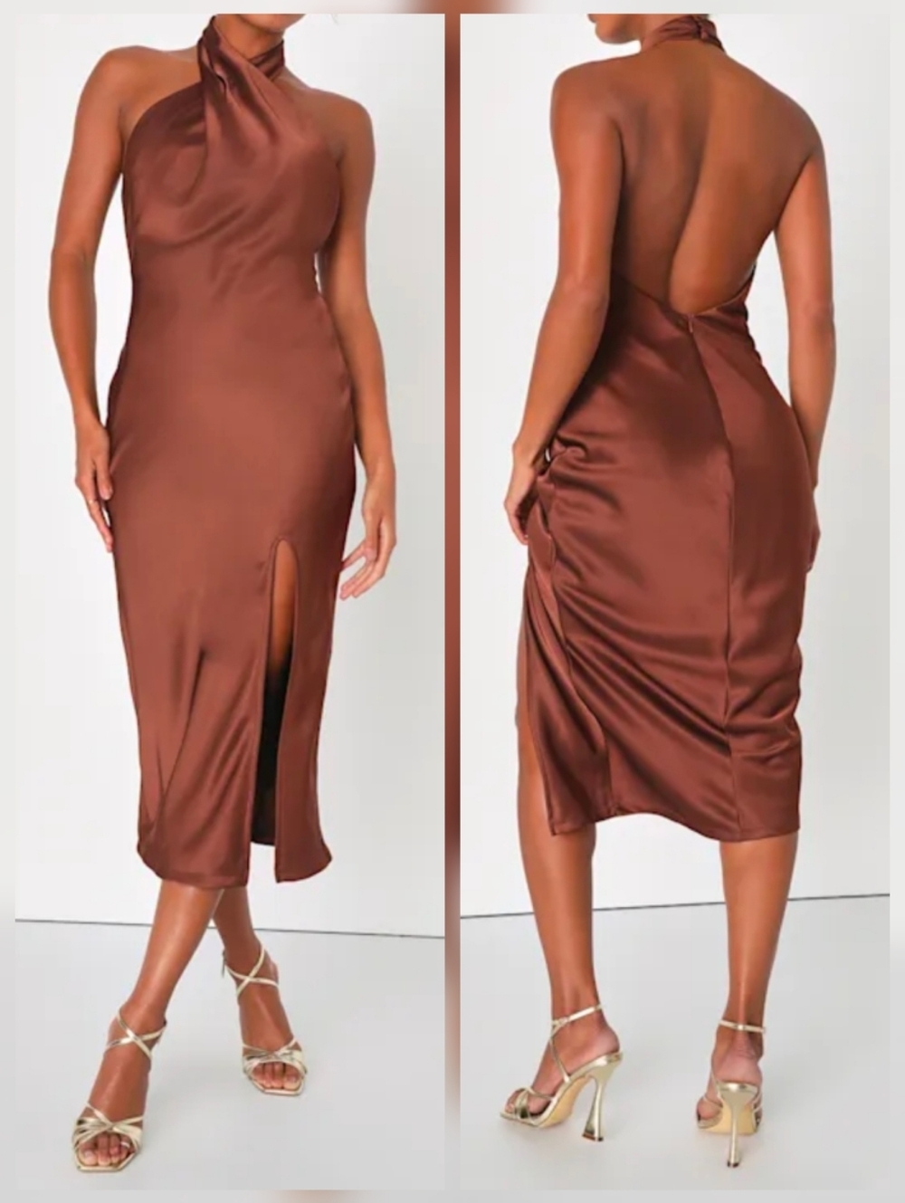 Lulus L Beyond Classy Brown Satin Halter Backless Midi Dress, Size Large - Picture 1 of 12